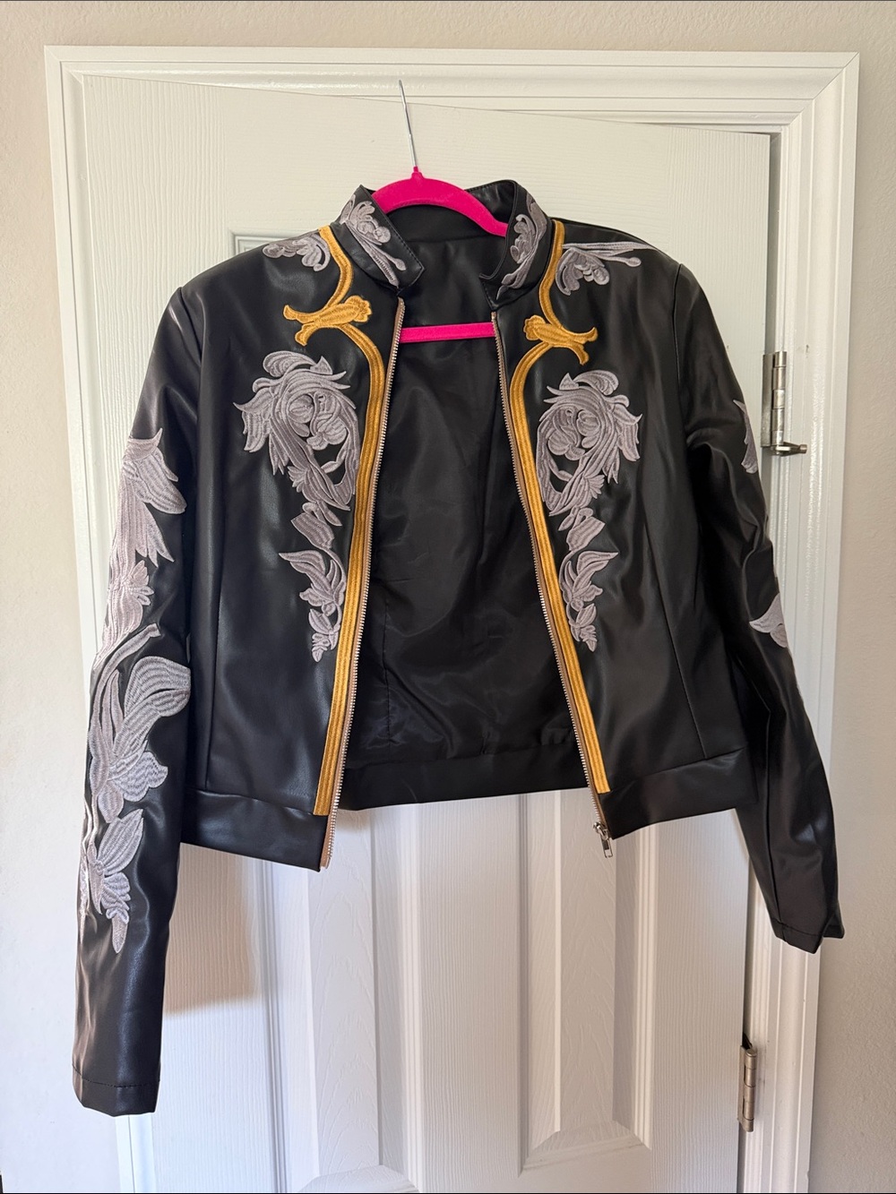 Black Embroidered Faux Leather Jacket with Gold Trim